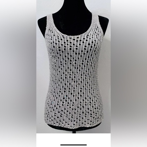 Eileen Fisher womens crochet open knit sequin sleeveless sweater XS gray cotton - Picture 1 of 9